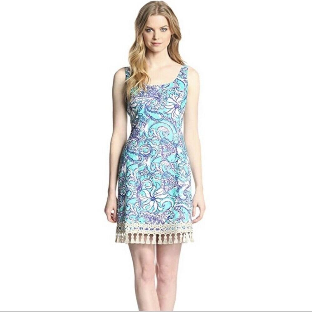 Lilly Pulitzer Women Seafoam Montauk Gold Tassel Eaton Shift Sleeveless Dress 0 - Picture 10 of 11